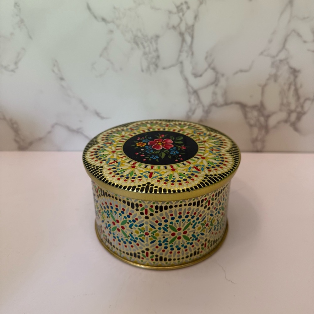 Vintage Belgium mosaic floral tin gold black pink blue red green